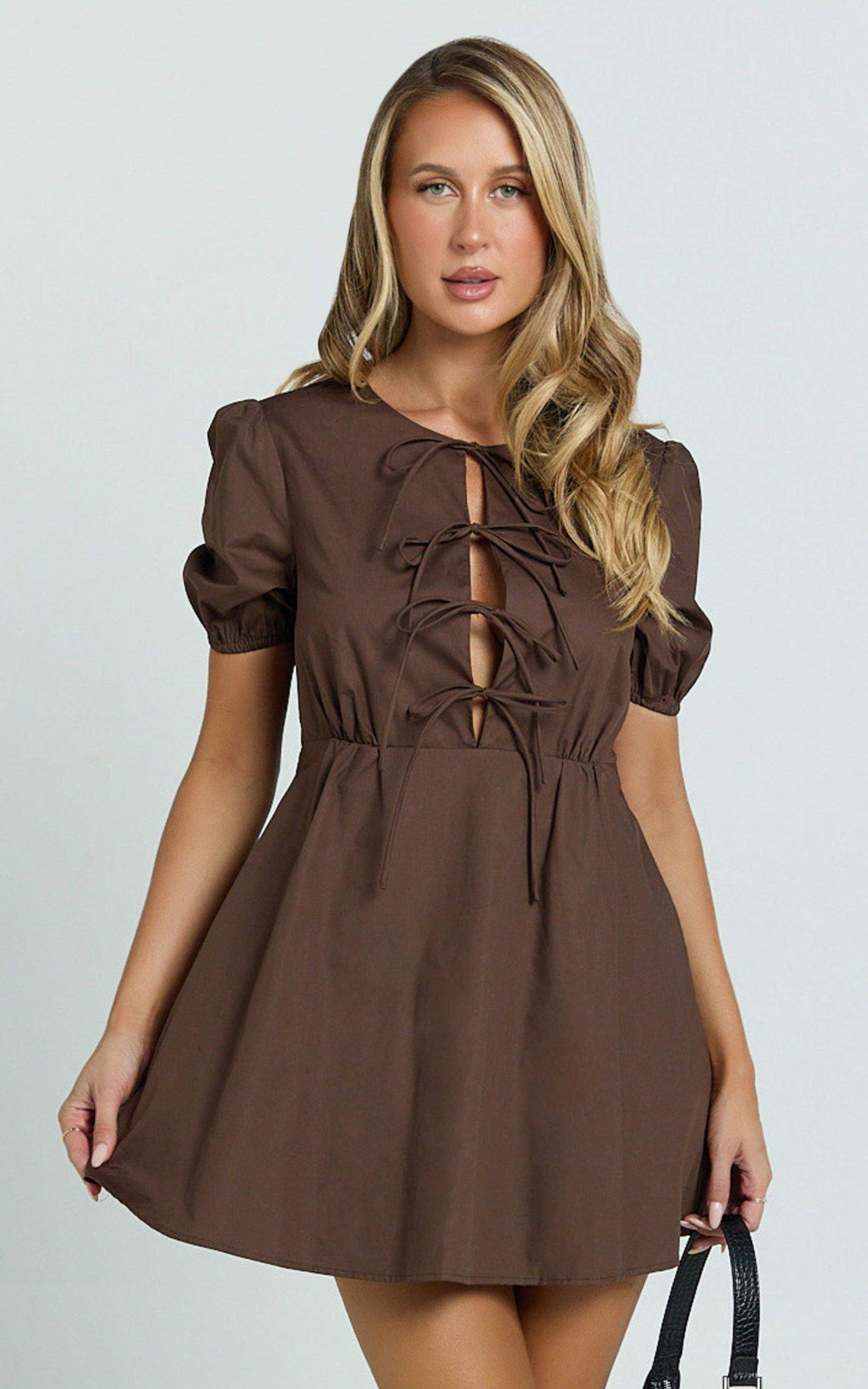 hattie mini dress - tie front puff sleeve dress in chocolate