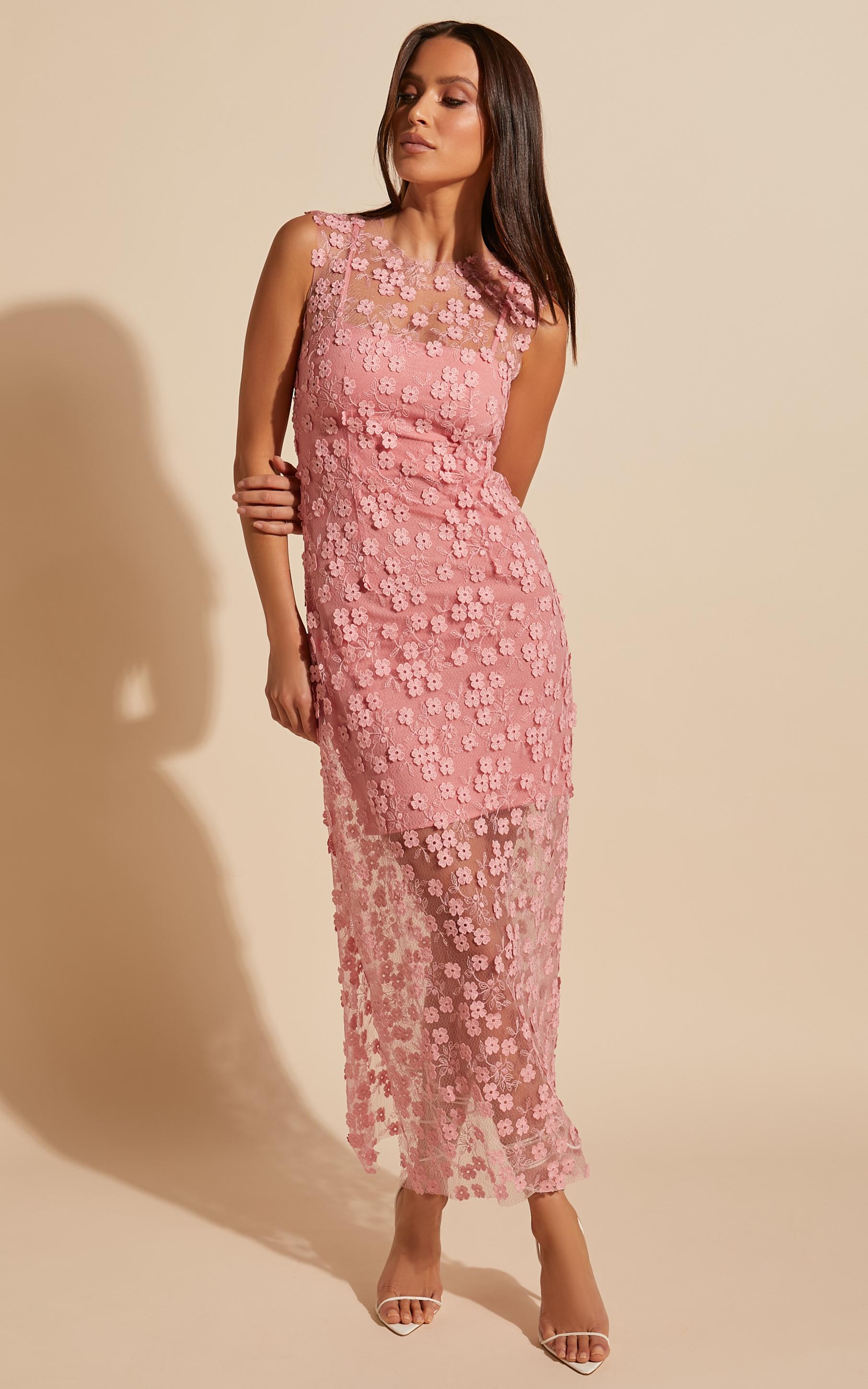 hazel midi dress - 3d flower net bodycon dress in pink