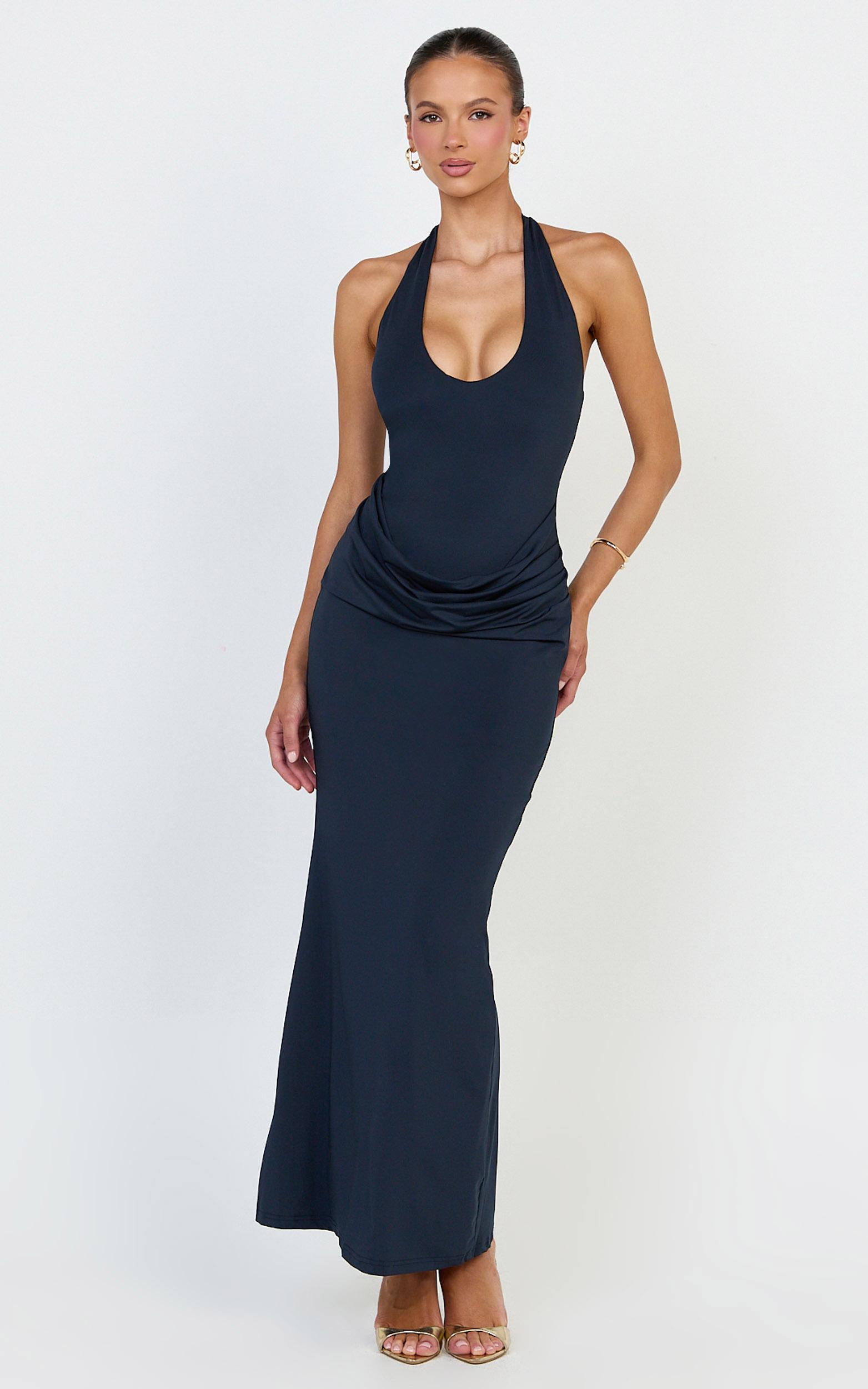 heath maxi dress - scoop halter neck with drape front skirt back split dress in navy