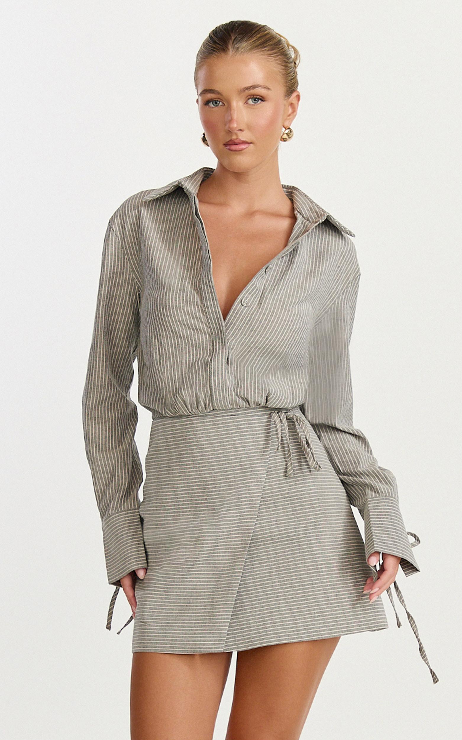 heath mini dress - collared button up shirt dress in grey stripe