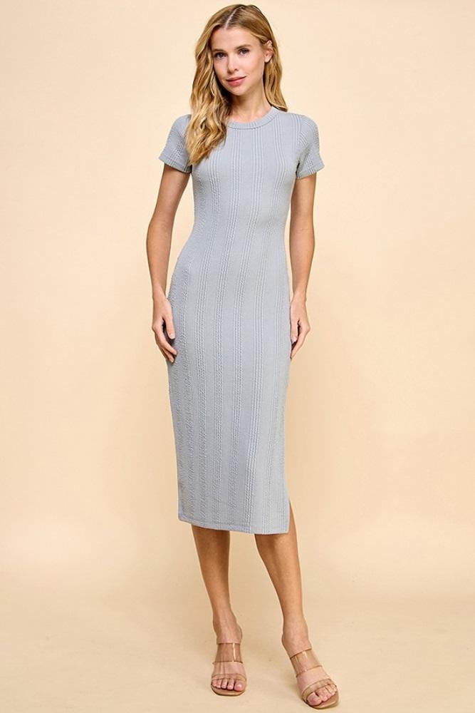 heather gray crew neck bubble knit ribbed maternity midi dress