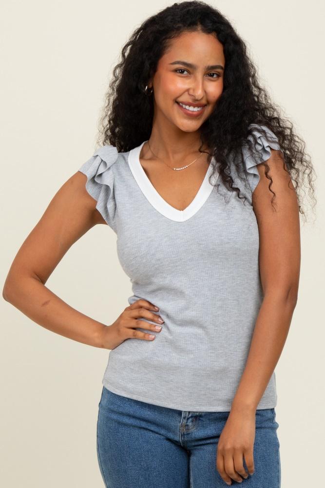 heather grey/ ivory solid ribbed ruffle sleeve fitted top