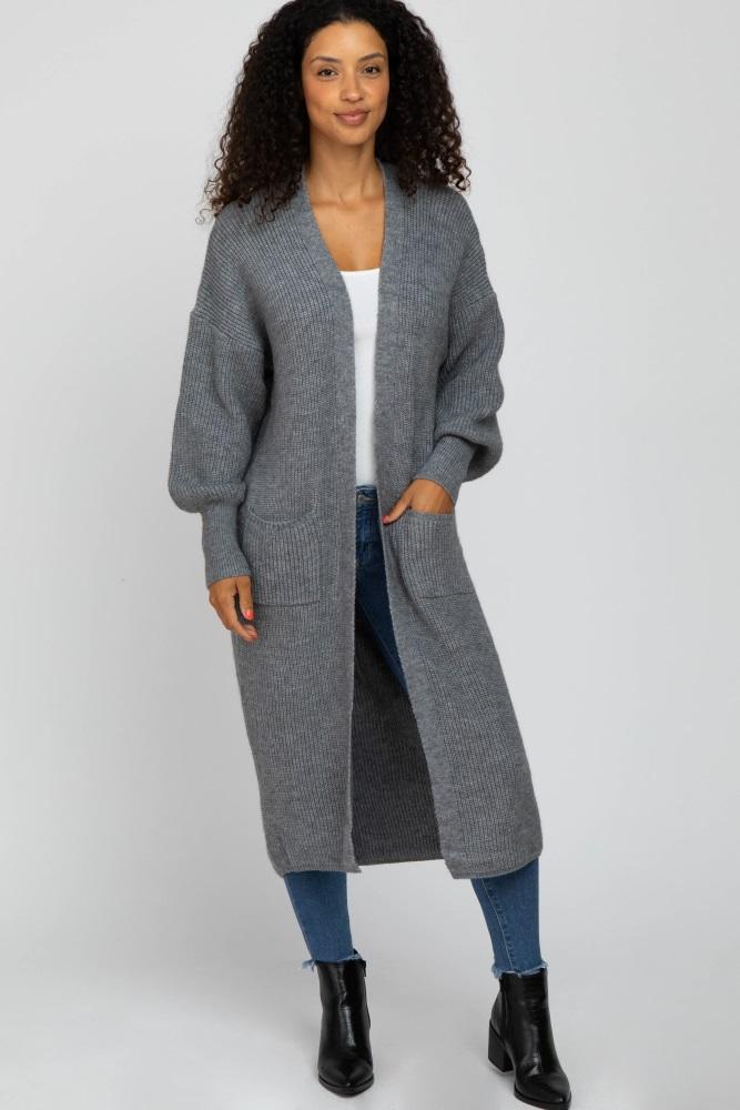 heather grey bubble sleeve long cardigan