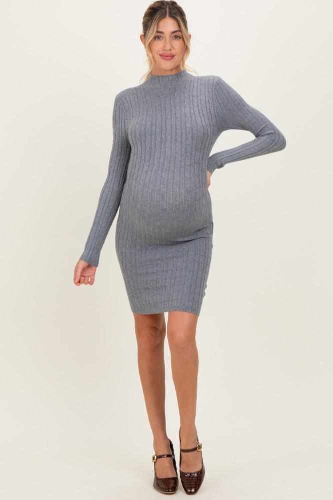 heather grey cable knit mock neck maternity mini dress