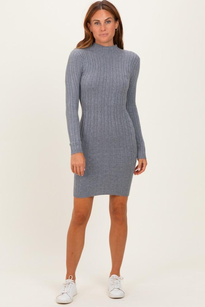 heather grey cable knit mock neck mini dress