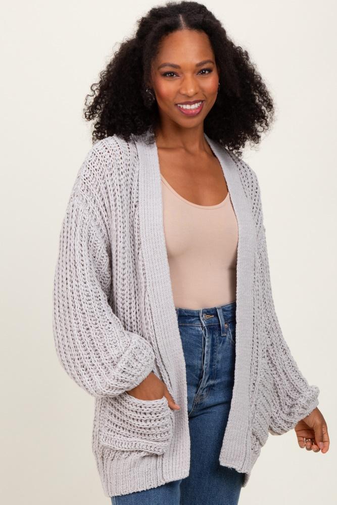 heather grey chunky knit oversized pocket cardigan