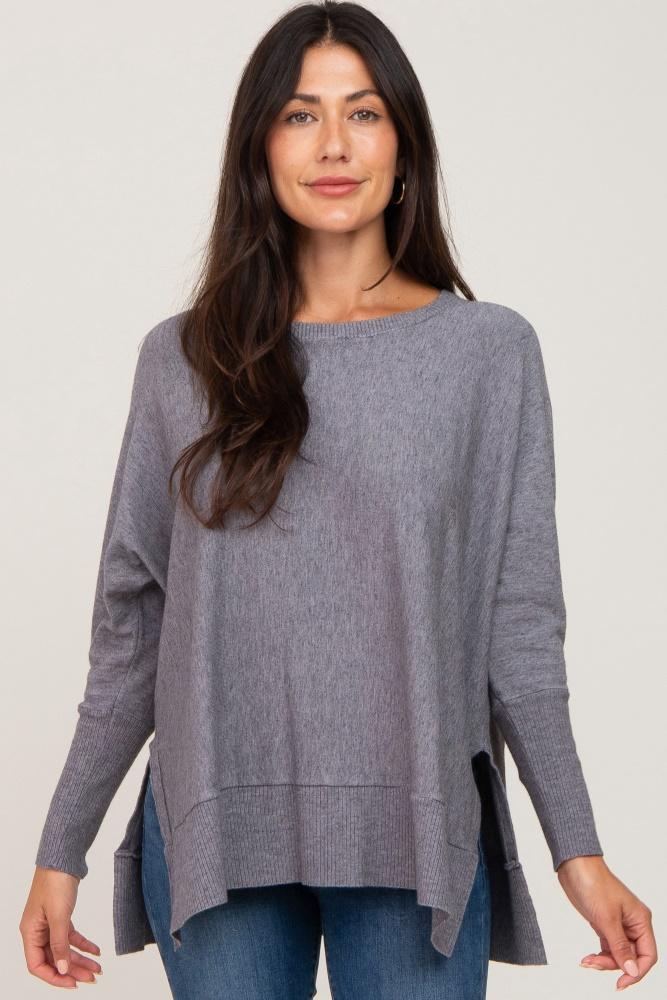 heather grey dolman sleeve side slit sweater