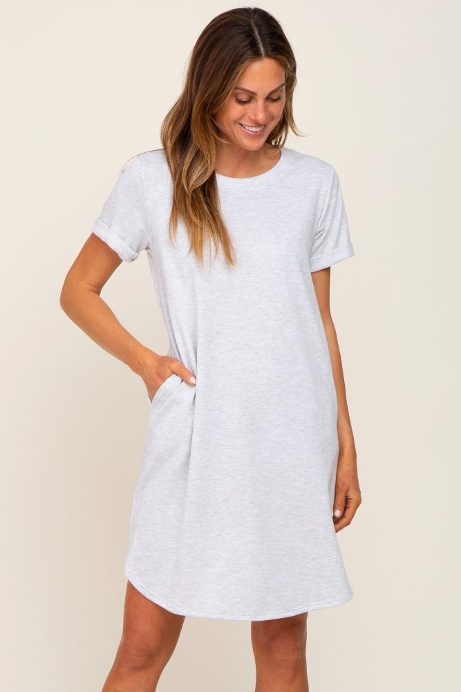 heather grey french terry cuffed short sleeve maternity dress