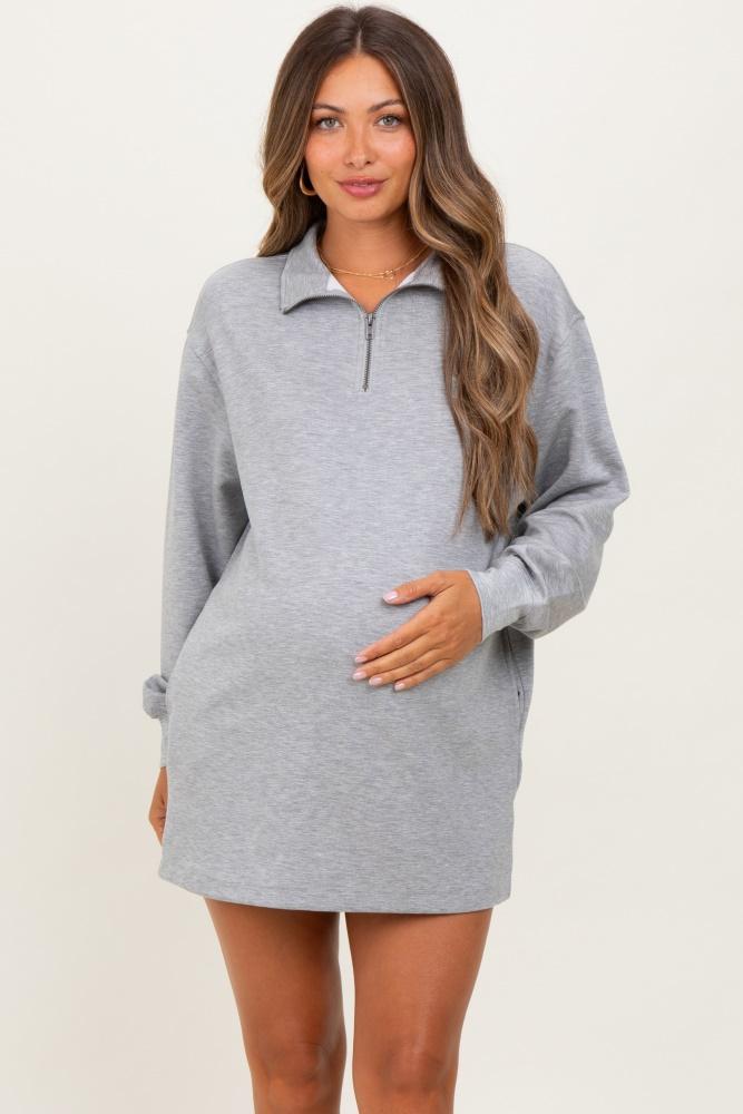 heather grey half zip long sleeve maternity mini dress
