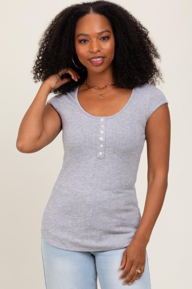 heather grey jacquard button front short sleeve top