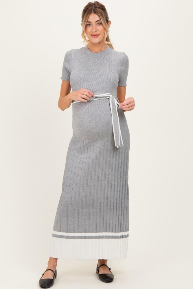 heather grey knit pleated sash tie maternity midi dress