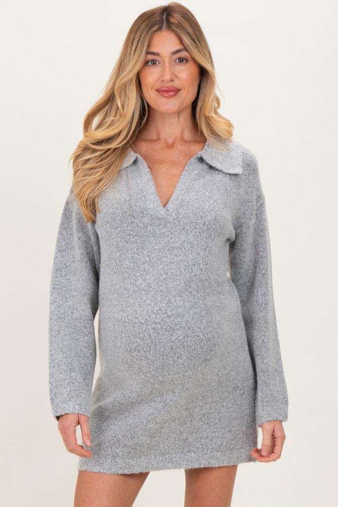 heather grey long sleeve polo maternity sweater dress