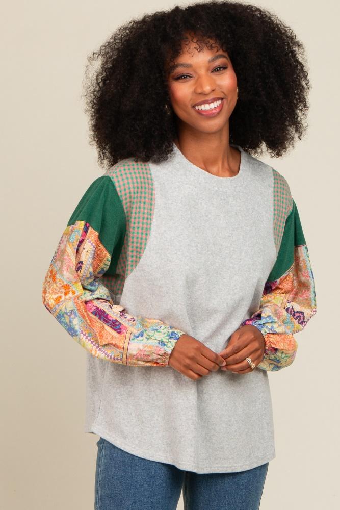 heather grey mixed print bubble sleeve top