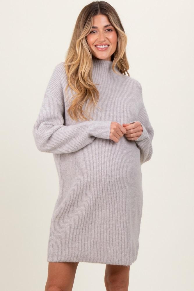 heather grey mock neck maternity mini sweater dress