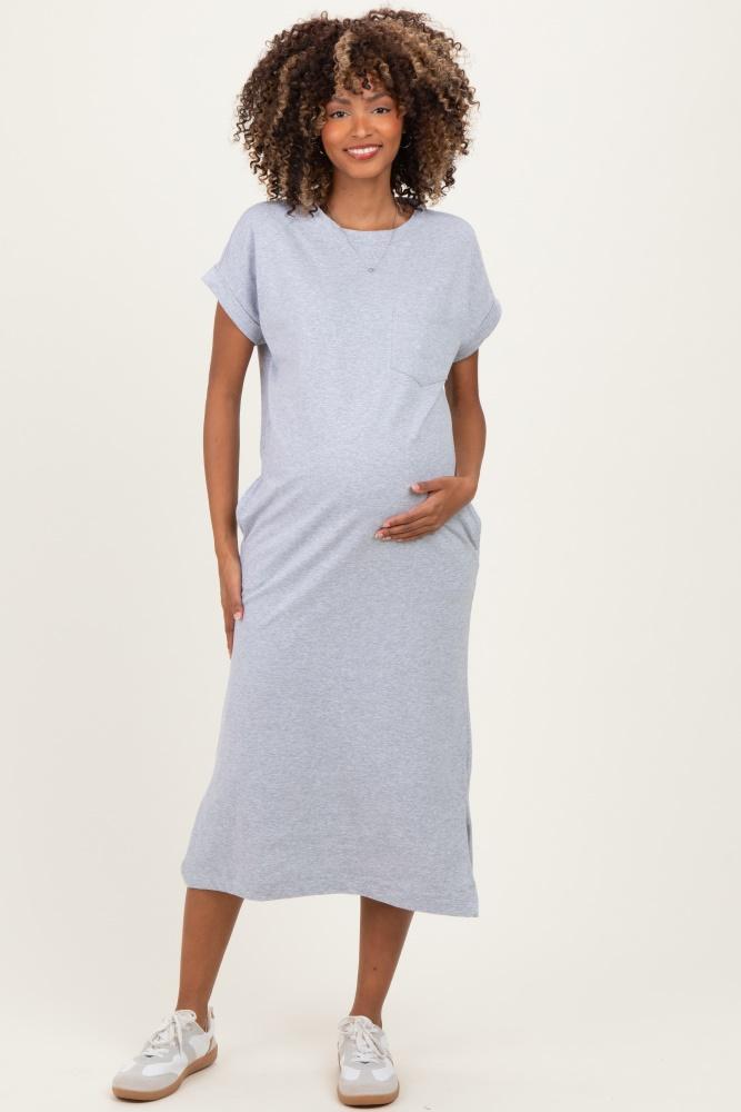 heather grey pocket front maternity midi t-shirt dress
