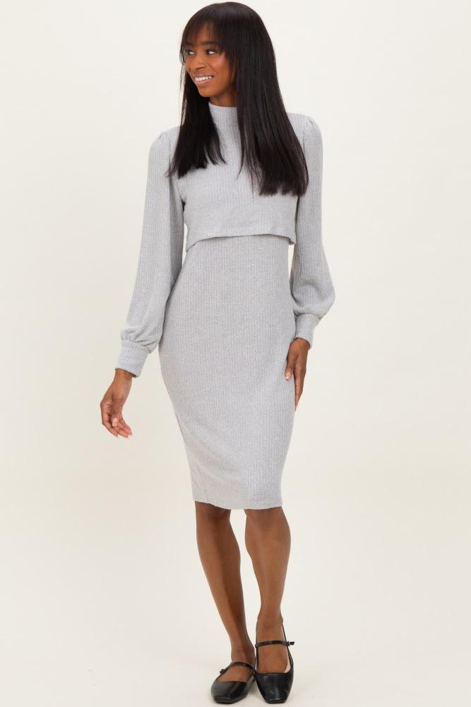 heather grey rib knit mock neck nursing dress