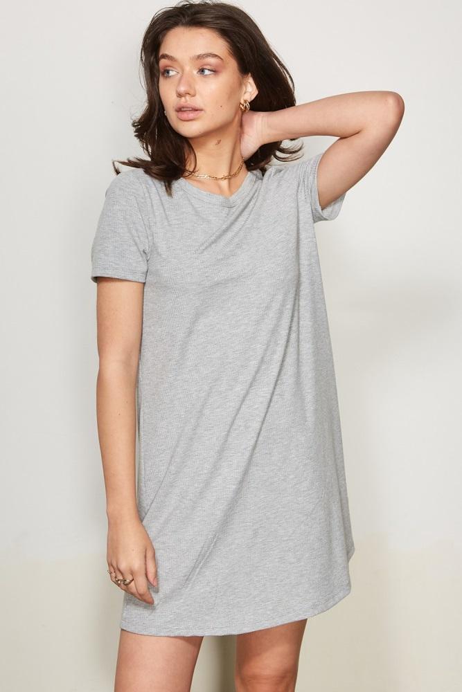 heather grey ribbed knit basic short sleeve t-shirt dress