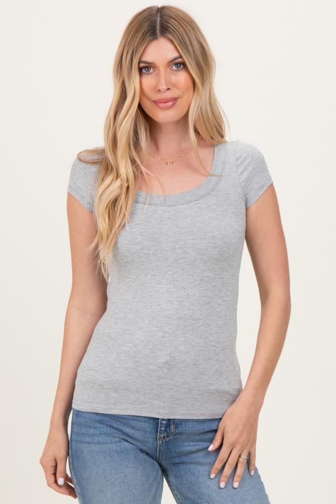 heather grey ribbed rounded square neck top