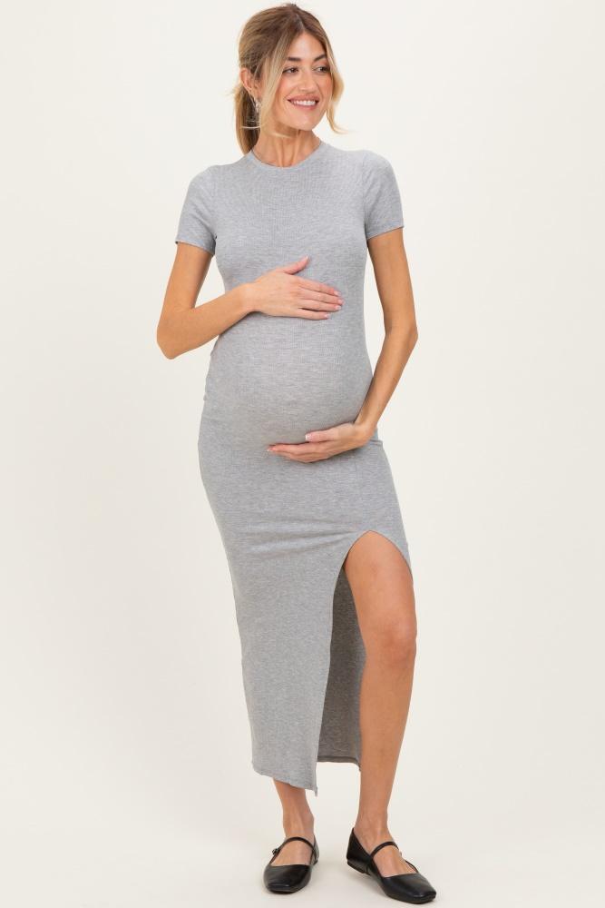 heather grey short sleeve high slit maternity maxi dress