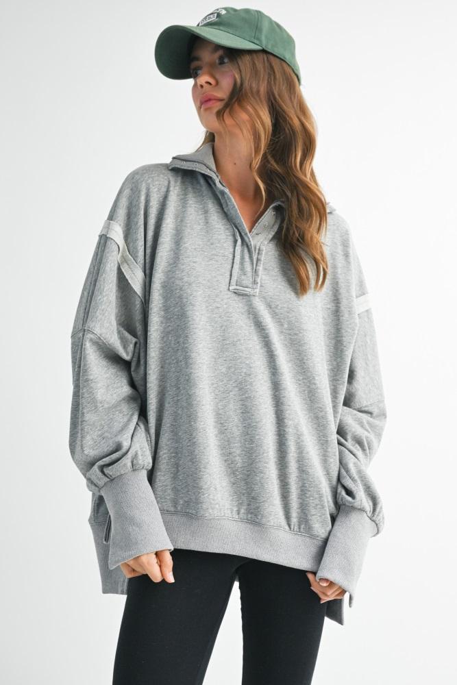 heather grey snap button pullover henley sweatshirt