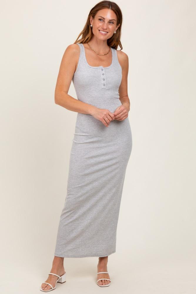 heather grey striped button front sleeveless maxi dress