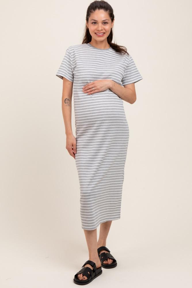 heather grey striped short sleeve maternity t-shirt midi dress