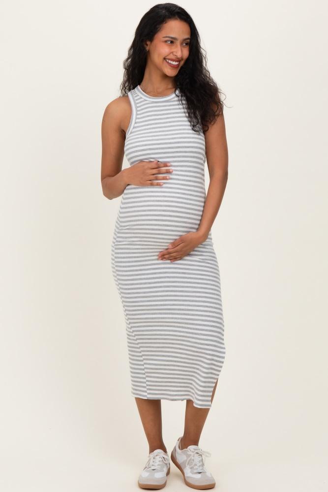 heather grey striped side slit maternity tank dress