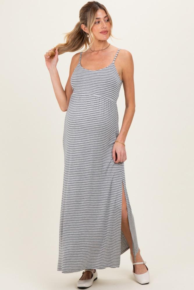 heather grey striped sleeveless maternity maxi dress