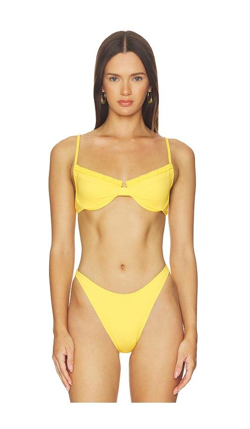 heavy manners ruffled up underwire bikini top in yellow.