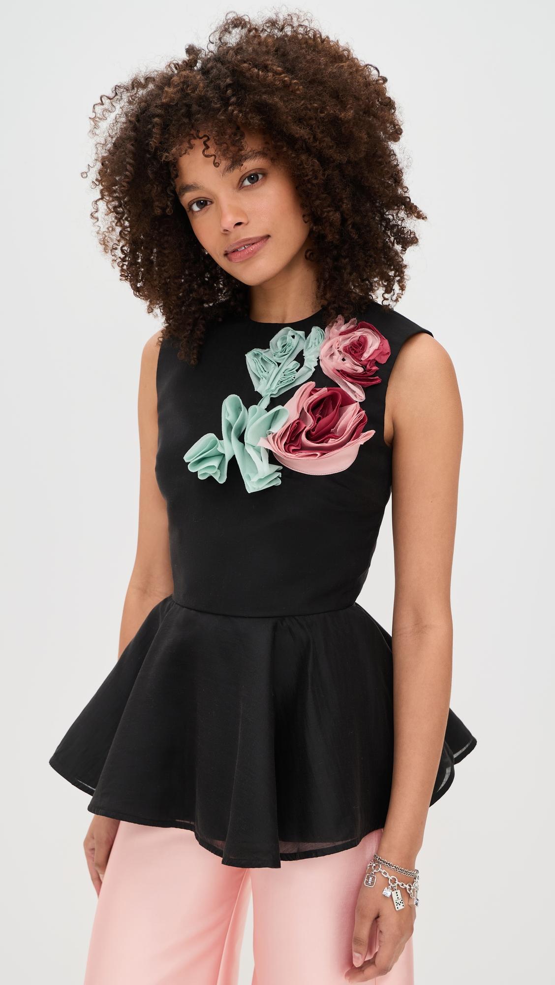 heavy satin and chiffon flower embellished top