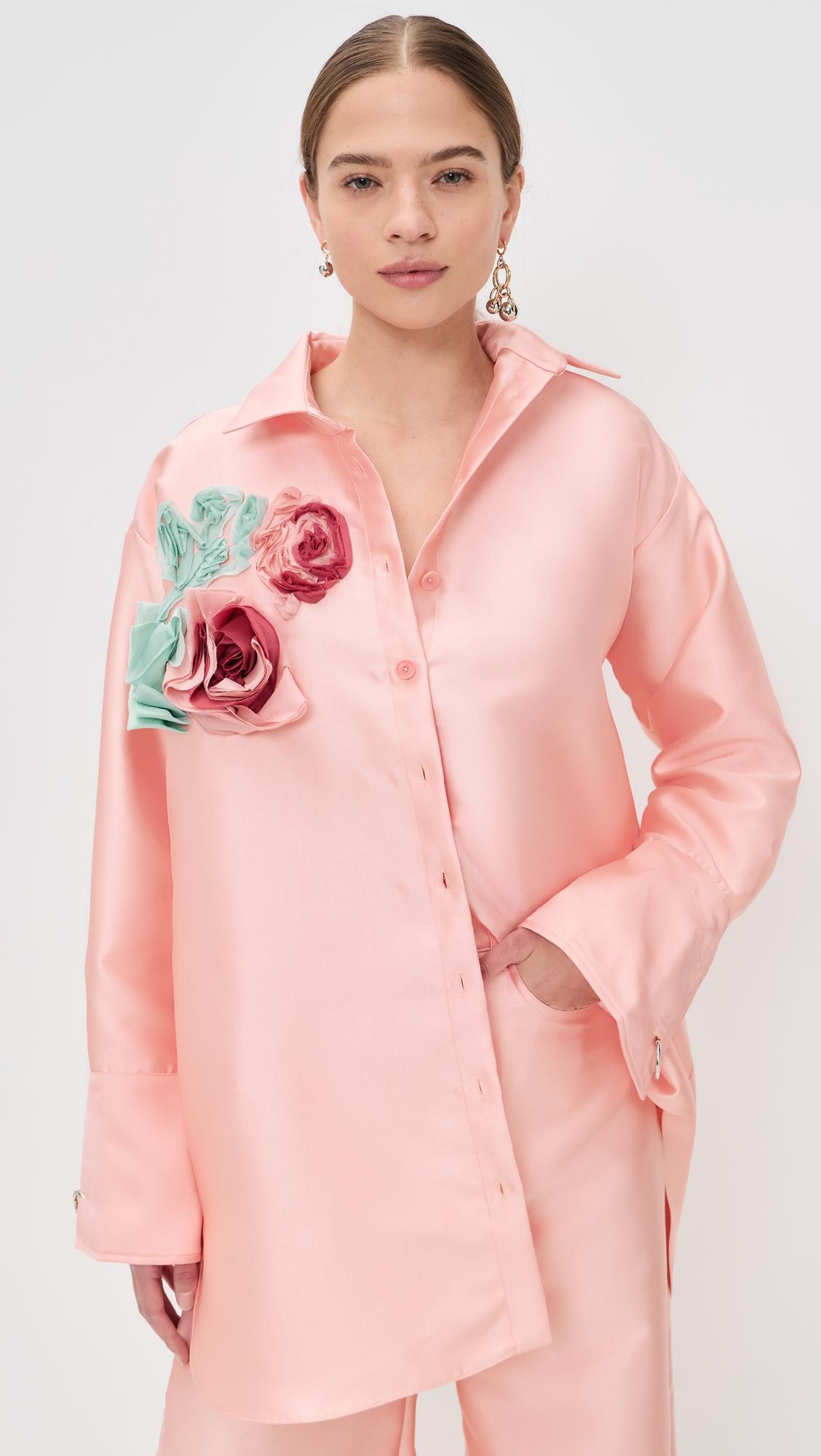 heavy satin flower embellished oversized shirt