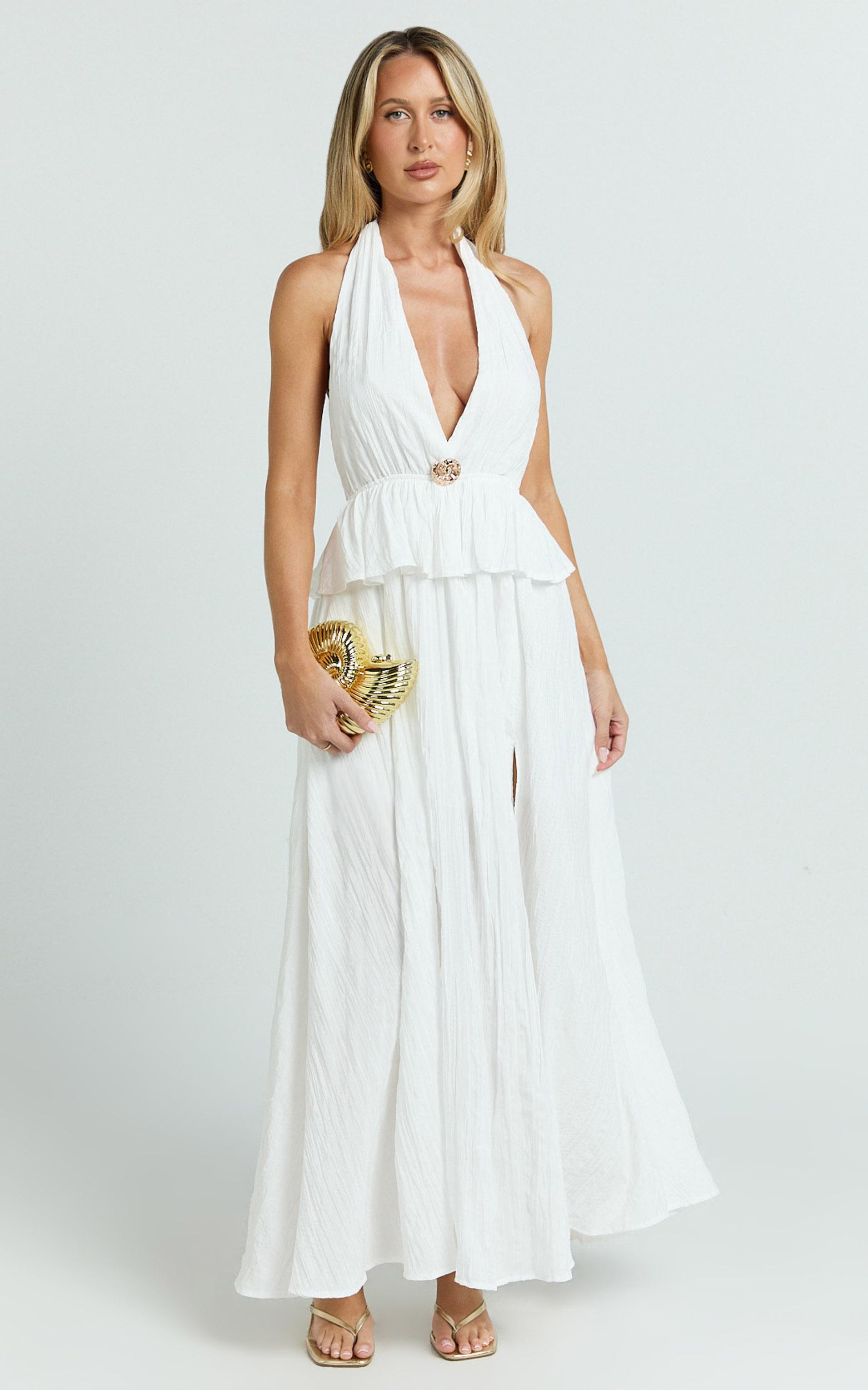 heidi midi dress - deep v plunge halter neck brooch detail split skirt dress in white