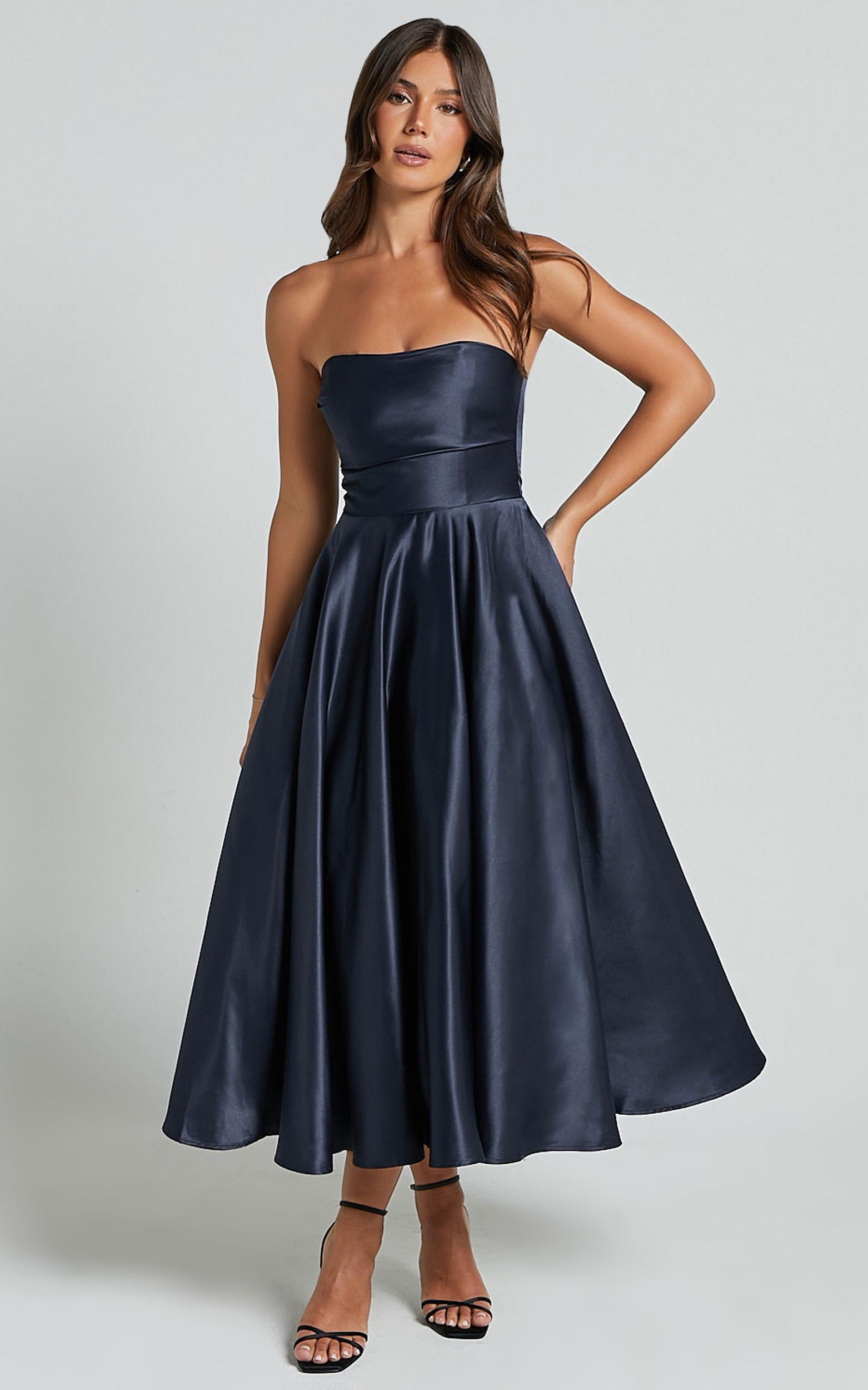 helaina midi dress - strapless a-line satin dress in navy