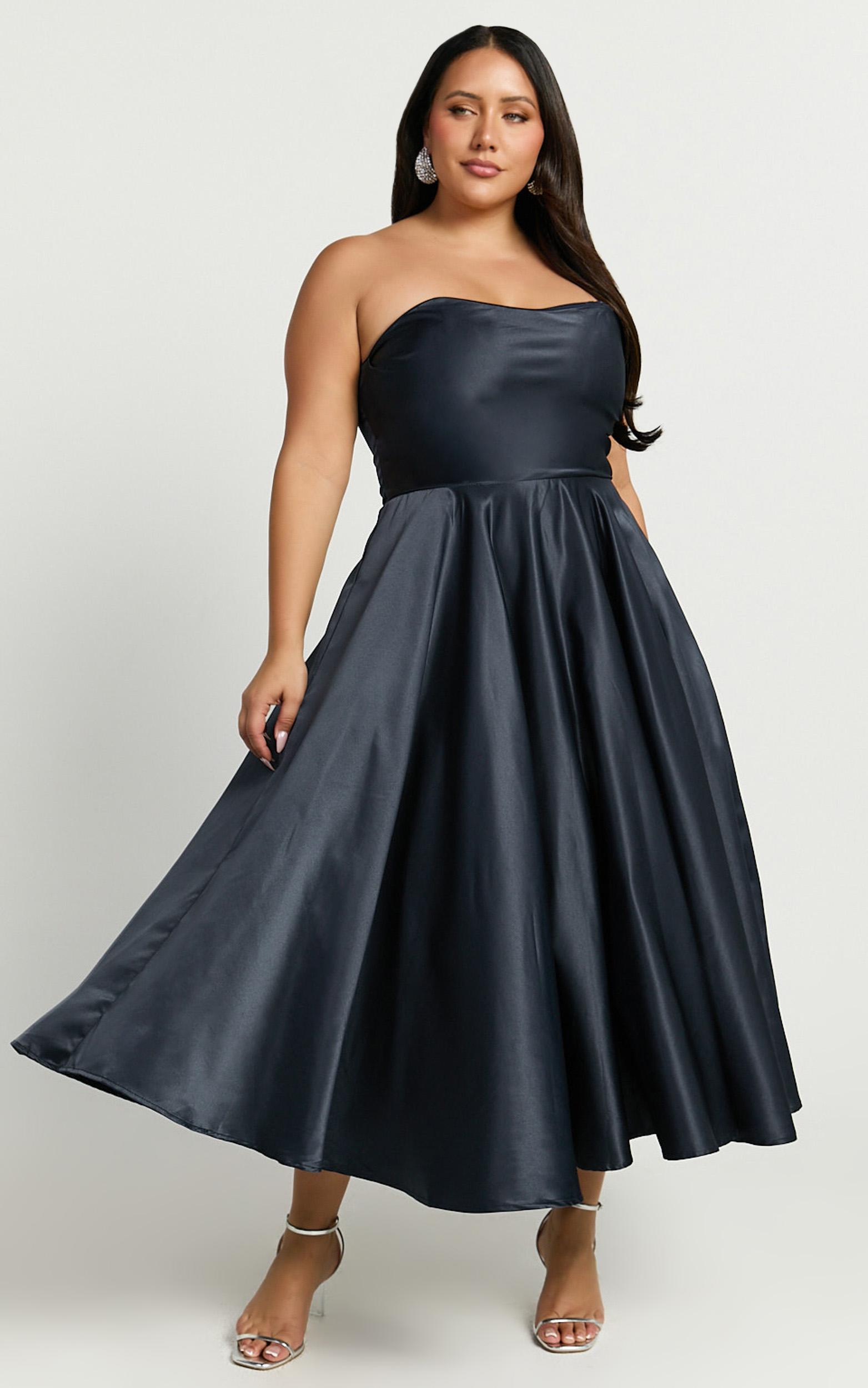helaina midi dress - strapless a-line satin dress in navy