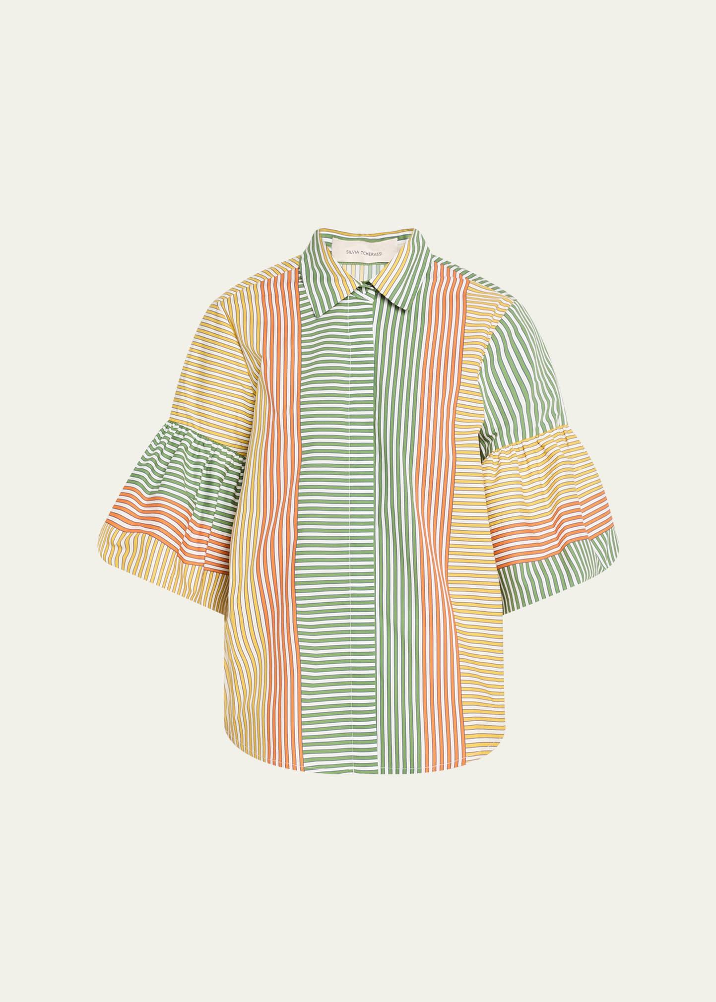helina multi-striped puff-sleeve button-down top