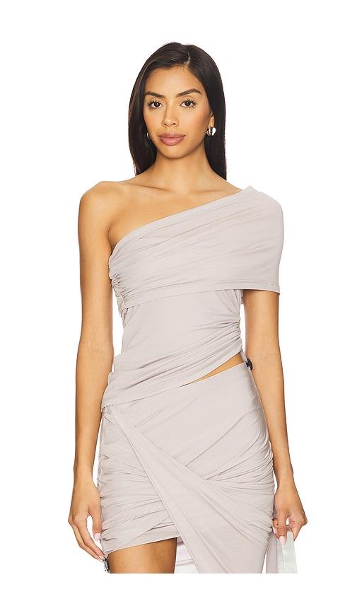 helmut lang asymmetric protect top in light grey.