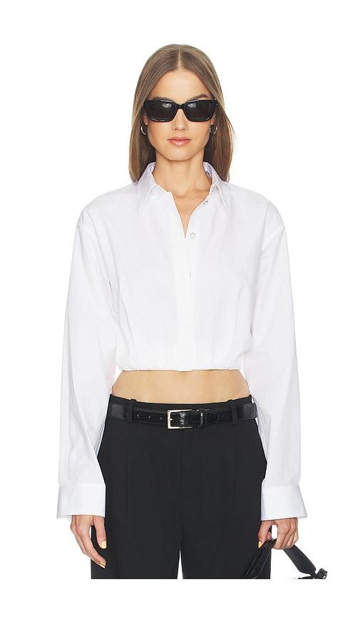 helmut lang cropped gather shirt in white.