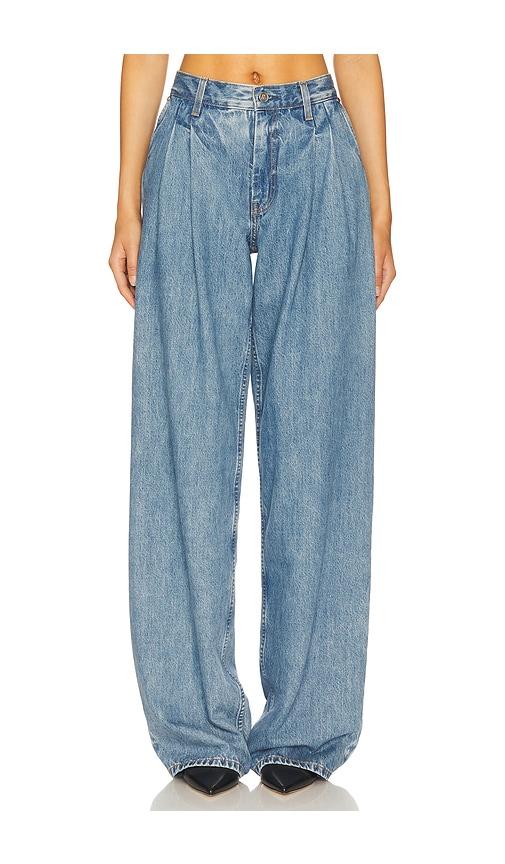 helmut lang double pleated wide leg jeans in blue.
