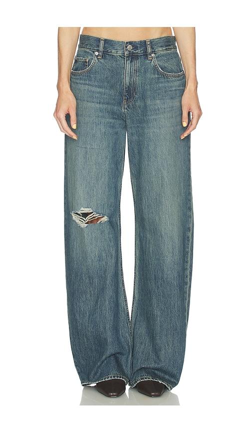 helmut lang relaxed destroyed bootcut jeans in blue.