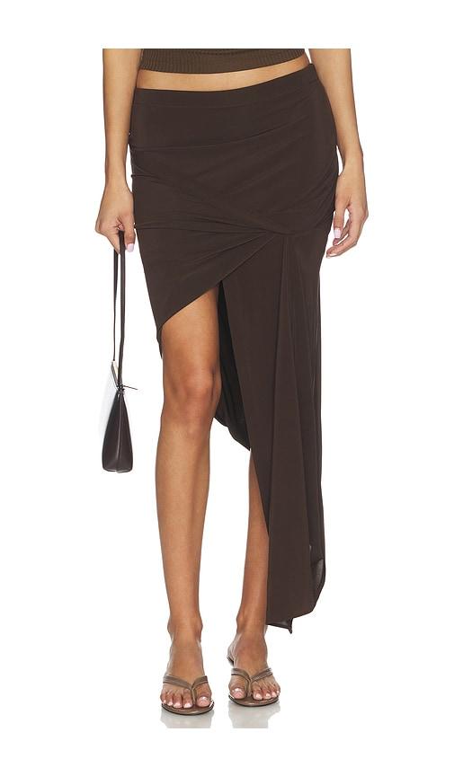 helmut lang twist drape skirt in brown.