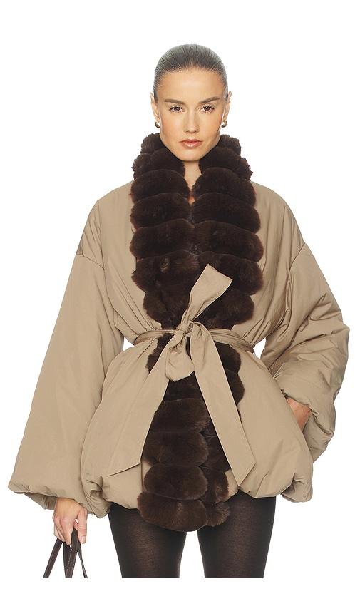 helsa bubble puffer with faux fur in tan.