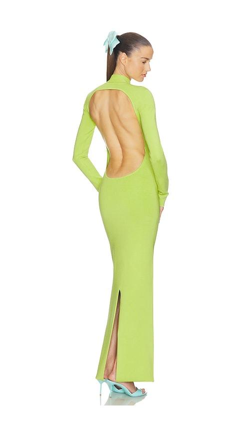 helsa chantria open back dress in green.