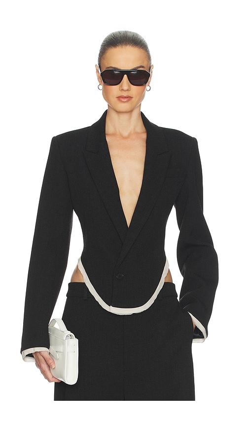 helsa devereux blazer with chiffon edge in black.