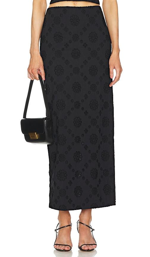 helsa eyelet column midi skirt in black.