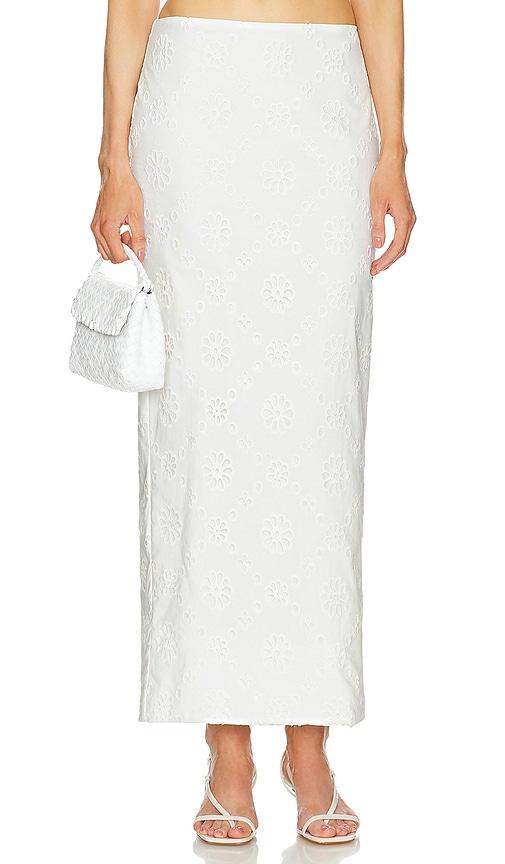 helsa eyelet column midi skirt in white.
