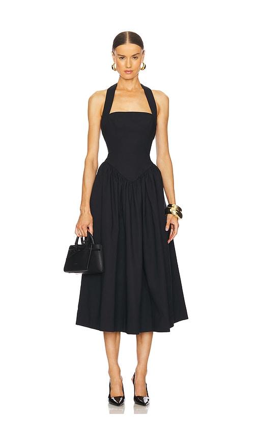 helsa faille halter midi dress in black.