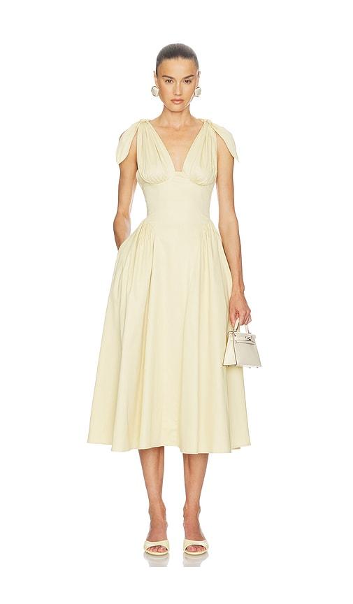 helsa fairweather midi dress in stretch cotton sateen in lemon.