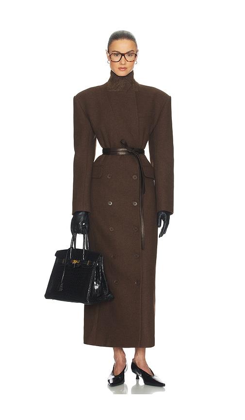 helsa italian wool blend extra long coat in chocolate.