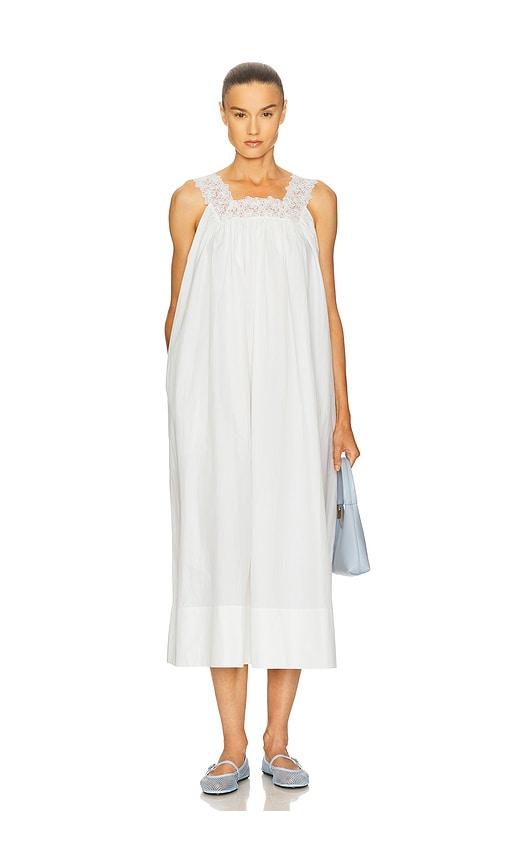helsa midi dress with lace in tech poplin in white.