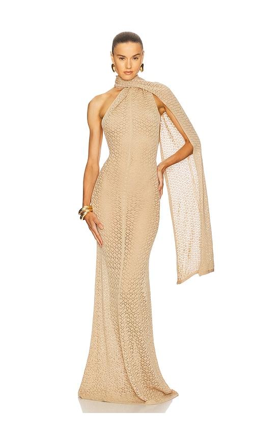 helsa robbyn wrap gown in tan.
